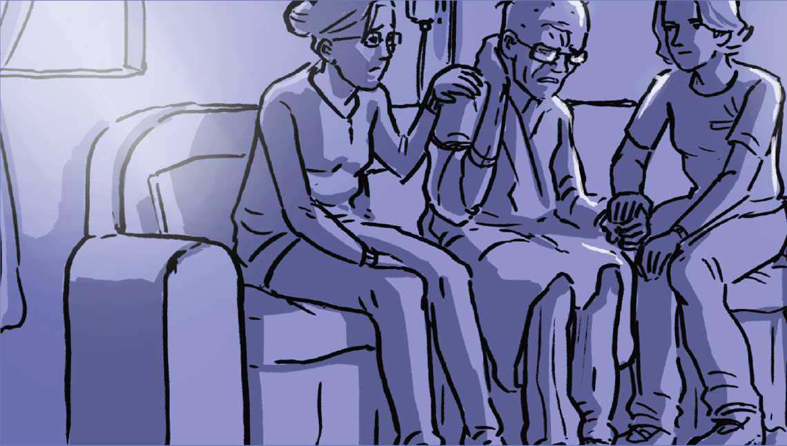Illustration of elderly sick man being comforted